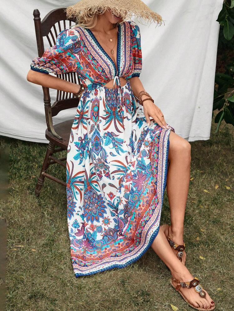 Women'S Hollow Out V-Neck Dress With Paisley Print