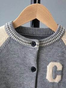 SHEIN 青少年男孩撞色字母印花插肩袖开衫搭配撞色侧缝针织裤休闲套装 - 灰色 - 查看 5