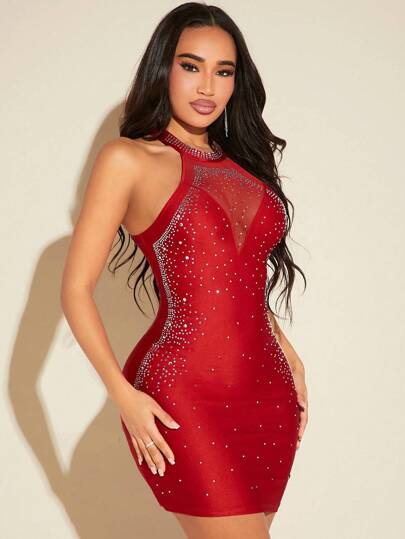 SHEIN SXY Summer;Women's Bodycon Sleeveless Dress With Rhinestone Decoration And Sheer Net Panel