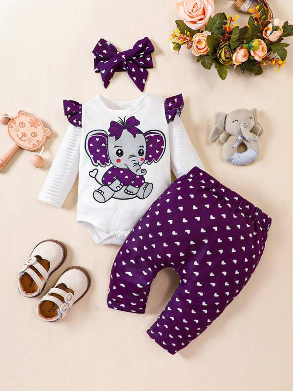 SHEIN Baby Girl Cartoon Graphic Ruffle Trim Bodysuit & Heart Pants & Headband