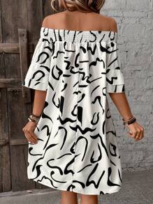 SHEIN Frenchy 露肩圖案印花連身裙 - 白色 - 查看 2