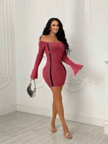 Zolique 女士離肩分裂袖修身毛衣連身裙 - 紅色 - 查看 4