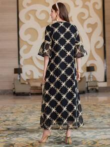 Al Najma Embroidery Tape Mesh Ruffle Sleeve V-Neck Dress - Black - View 2