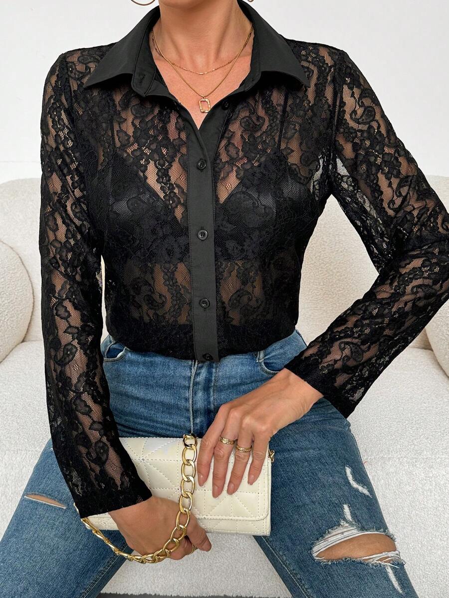 SHEIN Essnce Women's Elegant Lace Shirt - Black - View 1