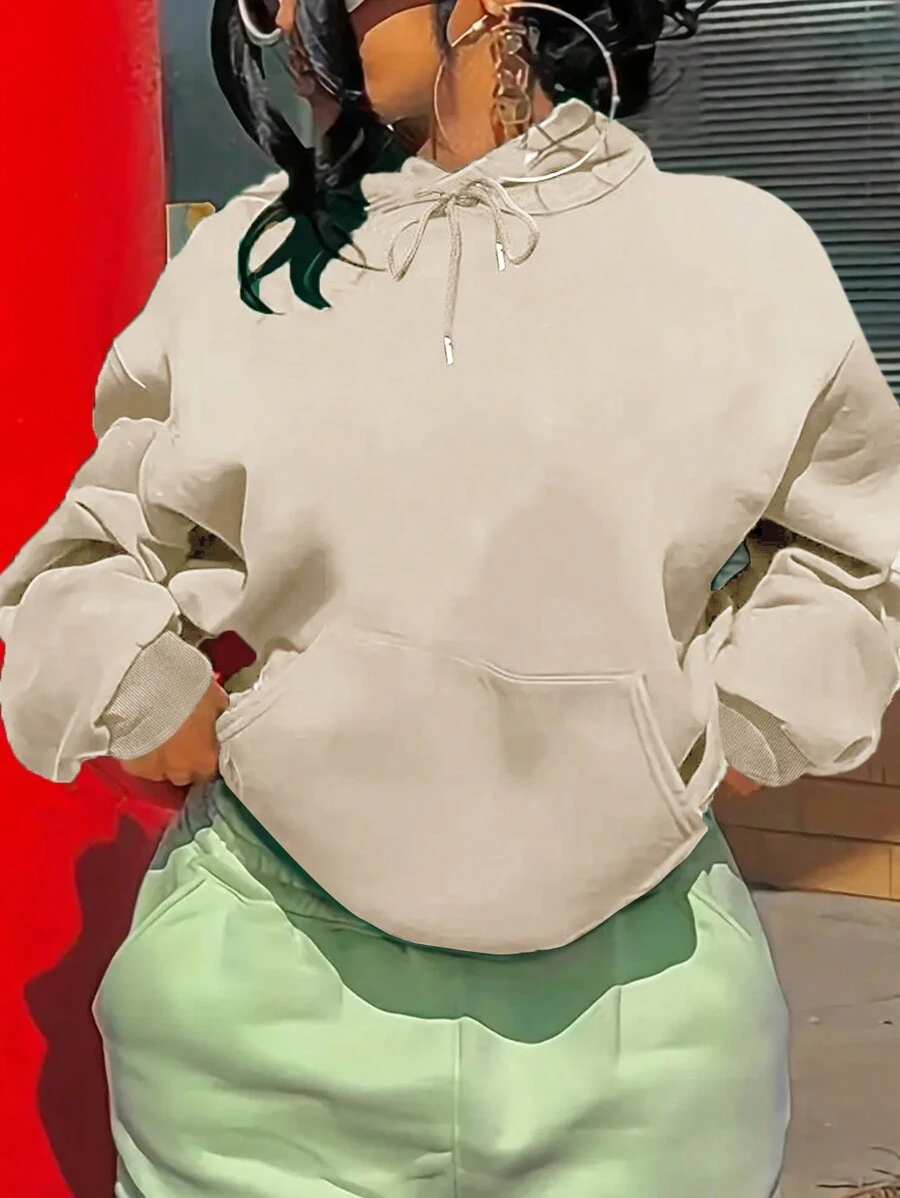 SHEIN EZwear Kangaroo Pocket Drawstring Thermal Lined Hoodie - Apricot - View 1