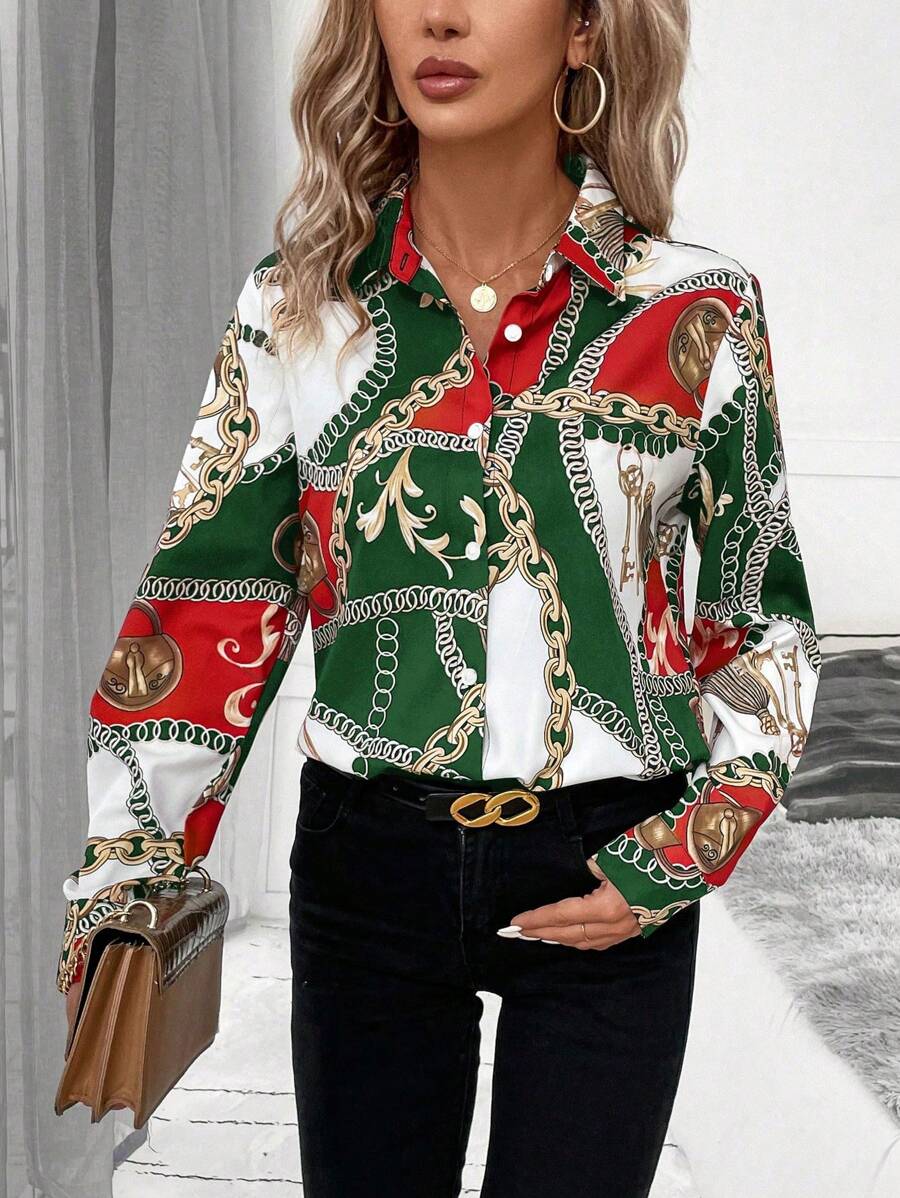 SHEIN Clasi Của phụ nữ In Dây chuyền Nút lên Áo sơ mi - xanh quân đội - Xem 1