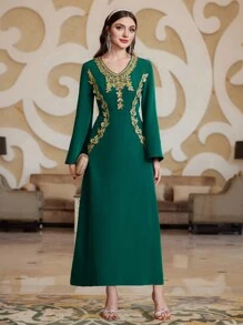 Al Najma Vestido De Manga Acampanada Para Mujeres Con Parche Y Bordado