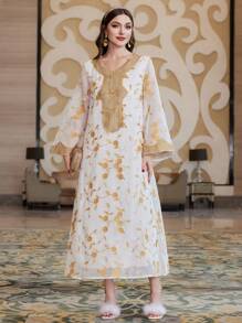 Al Najma 色塊刺繡花卉拼接鈴袖連衣裙 - 杏色 - 查看 4