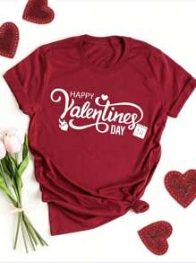 INAWLY Women Valentine's Day Printed Short Sleeve T-Shirt - Red - View 1
