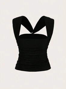 SHEIN Privé 女士純色綁頸上衣 - 黑色 - 查看 4