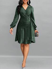 SHEIN Lady 閃耀包覆領口,層疊前沿的連衣裙 - 墨綠色 - 查看 1