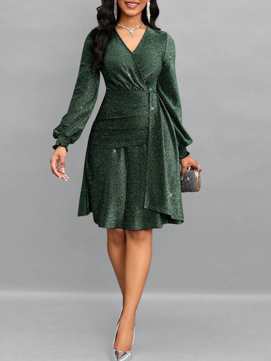 SHEIN Lady 閃耀包覆領口,層疊前沿的連衣裙 - 墨綠色 - 查看 1