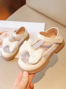 Kids' Flat Shoes Girls' Princess Shoes With Bowknot & Mesh & Soft Sole, Khaki Cut-Out Leather Shoes