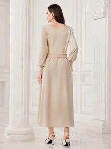 Modelyn Cổ vuông Tay áo lồng đèn Đầm - Màu be - Xem 2