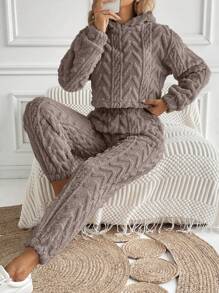 SHEIN LUNE Conjunto De Dos Piezas Texturizado Con Flecos De Peluche Para Mujer - Gris - Ver 4