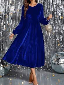 Màu thuần Tay áo lồng đèn Của phụ nữ Đầm - Xanh đậm - Xem 3