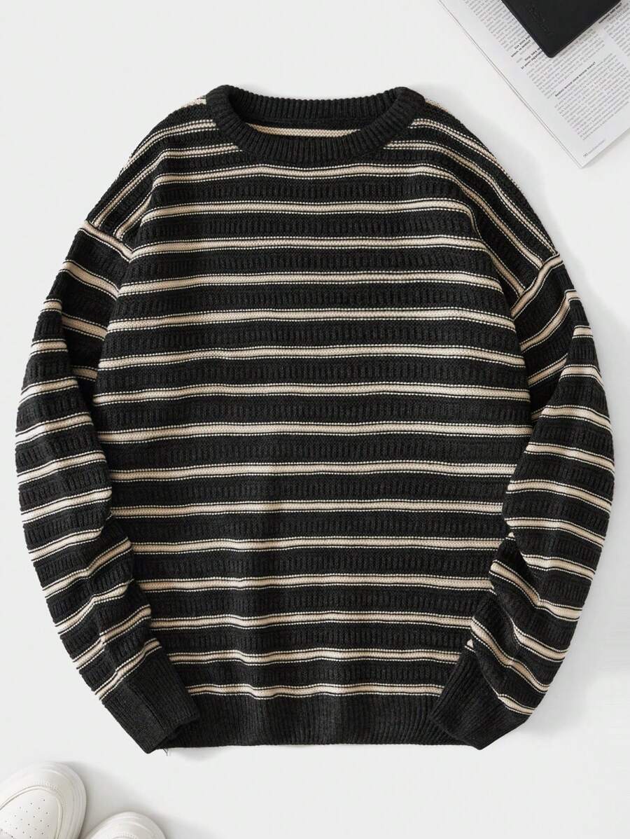 RueChic Men's Striped Drop Shoulder Sweater - Dark Grey - View 1