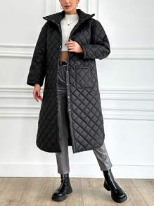 EURMUSE Dual Pocket Split Hem High Neck Quilted Coat - Black - View 1