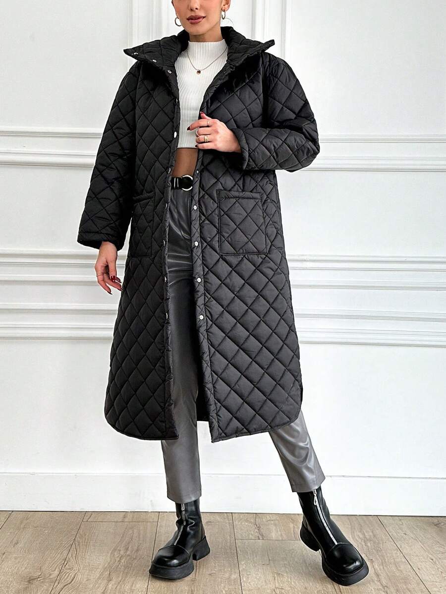 EURMUSE Dual Pocket Split Hem High Neck Quilted Coat - Black - View 1