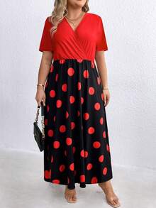 SHEIN Clasi 大尺寸圓點印花裹身喇叭袖連身裙 - 黑色 - 查看 3