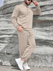 Manfinity Homme Men's Zipper Quarter-Zip Sweatshirt And Sweatpants Two Pieces Set - Khaki - View 6