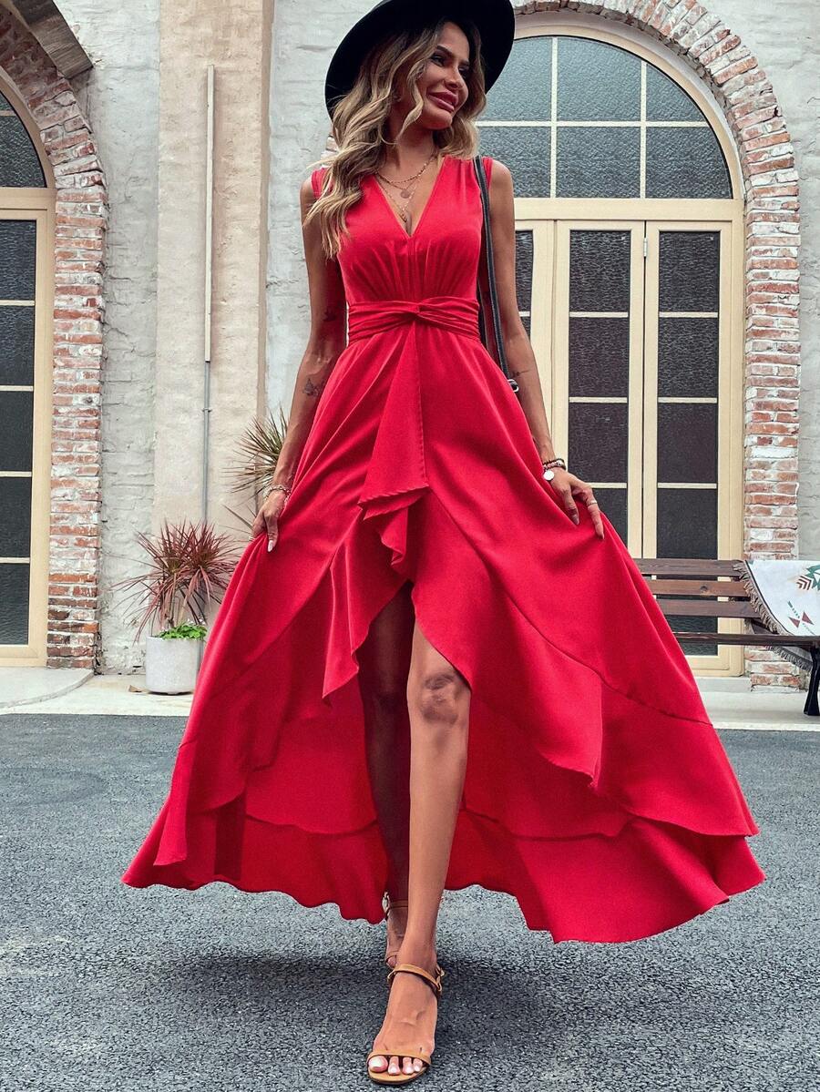 SHEIN Clasi Váy Maxi Không Tay Cao Thấp Xếp Ly Eo Cho Nữ Quần Áo Năm Mới Trang Phục Nữ - Đỏ - Xem 1