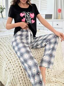 女士字母印花格紋睡衣套裝 - 黑色 - 查看 5