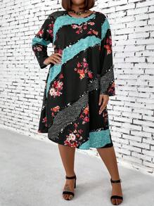 EMERY ROSE Plus Size Women's Floral Print Patchwork Dress - Multicolor - View 4