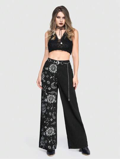 Goth Jeans De Pierna Recta Y Ajuste Holgado Para Mujer Con Estampado De Sol, Luna, Estrella, Serpiente, Constelación Y Calavera