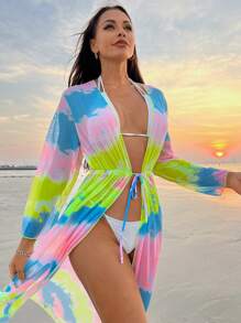 SHEIN Swim Summer Beach 1pc Women's Tie-Dye Kimono With Drawstring Waist Carnival - Multicolor - View 3