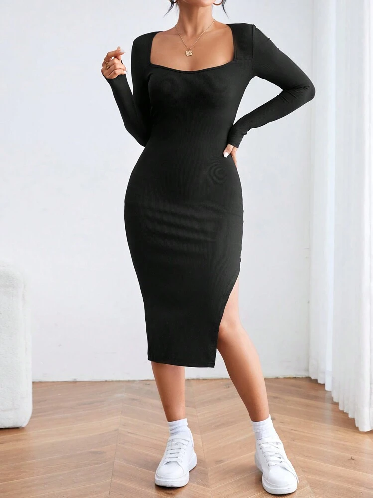 SHEIN PETITE Long Sleeve Side Split Dress SHEIN USA