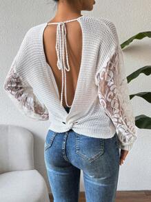 SHEIN Unity Women's Lace Spliced Long Sleeve Sweater With Back Strap Detail Knit Pullover Fall Winter Sweater - White - View 1