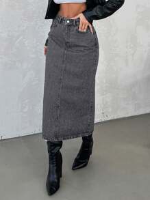 EURMUSE Women's Straight Denim Skirt - Dark Grey - View 4