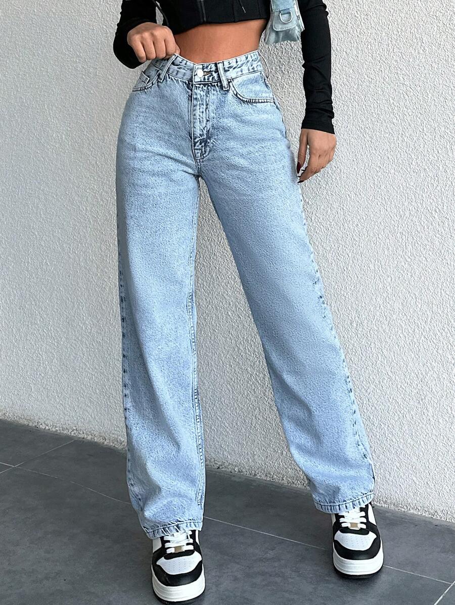 EURMUSE Women'S Light Blue Washed Straight Leg Jeans ,Petite Women - Light Wash - View 1