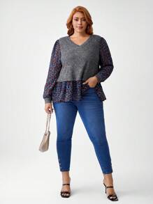 Marthe Hauser Camiseta Patchwork Estampa de Onça Plus Size 2 Em 1 da Artist, Camiseta Gráfica Para Outono e Inverno, Férias, Férias, Festival - Chumbo - Visão 4