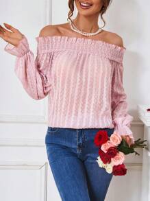 SHEIN LUNE 女士泡紋露肩上衣,配褶邊飾邊長袖 - 粉色 - 查看 3