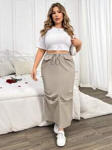 Flirla 大尺碼女裝百褶實用裙 - 卡其色 - 查看 7