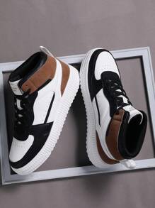 Plus Size Men's Colorblock Casual Sneakers, Lace Up Soft Sole Flat Comfortable Skate Shoes For Men, Lightweight High-Top Daily Shoes - Multicolor - View 1