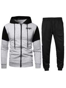 Manfinity Homme Men Letter Graphic Colorblock Hoodie & Sweatpants - Light Grey - View 5