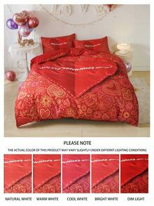 3入組情人節紅色花卉心形圖案印花床上用品套裝 - 紅色 - 查看 8