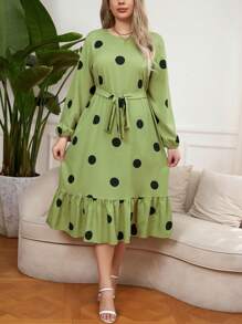 SHEIN LUNE Plus Size Women's Polka Dot Print Ruffled Hem Dress Women Outfit Fall Cloth For Women - Green - View 1