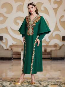 女士花卉刺绣 V 领连衣裙卡夫坦开斋节连衣裙，优雅奢华晚会风格 - 綠色 - 查看 4