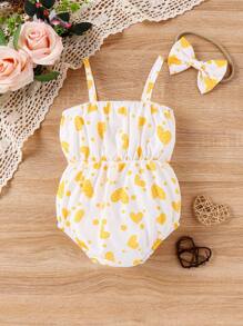 嬰幼女心形印花無袖連體背帶衣 - 黃色 - 查看 2