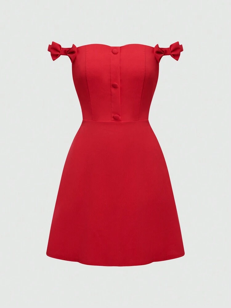 Solid Color Off Shoulder Dress With Bow Decorations