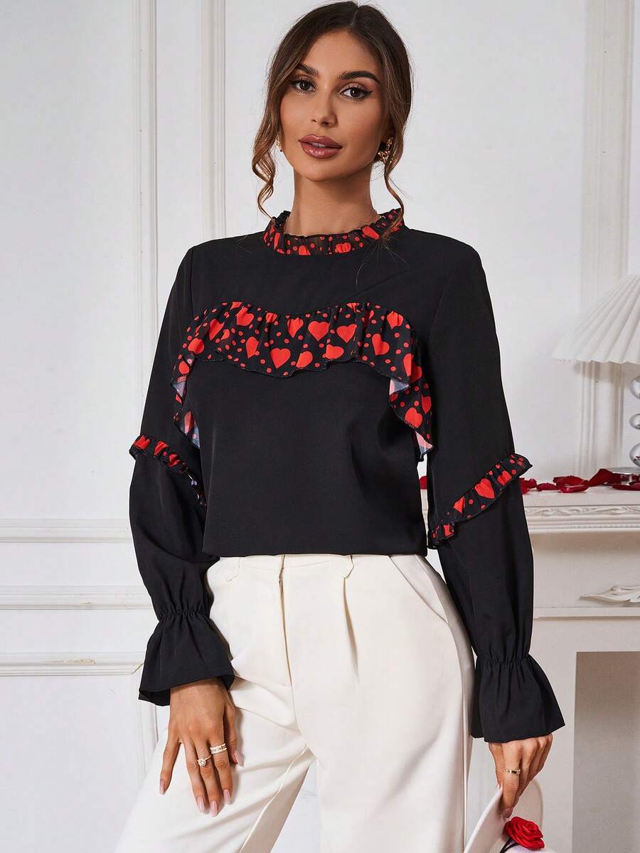 SHEIN Clasi 女士心形印花拼接長袖襯衫 - 黑色 - 查看 1