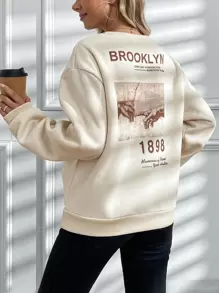 SHEIN 孕婦口號印花圓領毛衣 - 杏色 - 查看 1