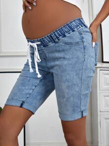 SHEIN Maternity Adjustable Waist Washed Denim Shorts - Medium Wash - View 6