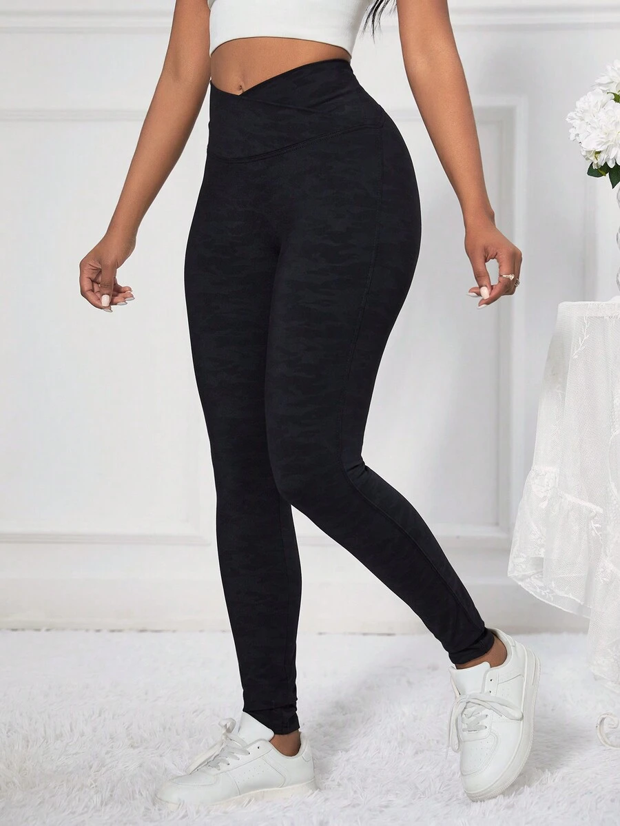 X形十字黑色迷彩高腰v型緊身褲 - 黑色 - 查看 1