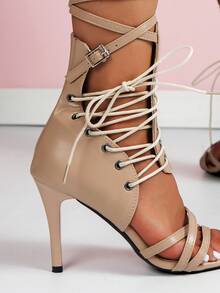 高跟涼鞋露趾细跟粉色凉鞋女靴女高跟凉鞋 - 卡其色 - 查看 3