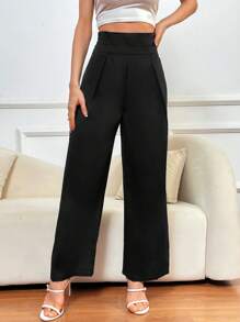 SHEIN Privé 高腰女裝長褲,擁有褶皺設計的腰部和直筒褲腿 - 黑色 - 查看 3